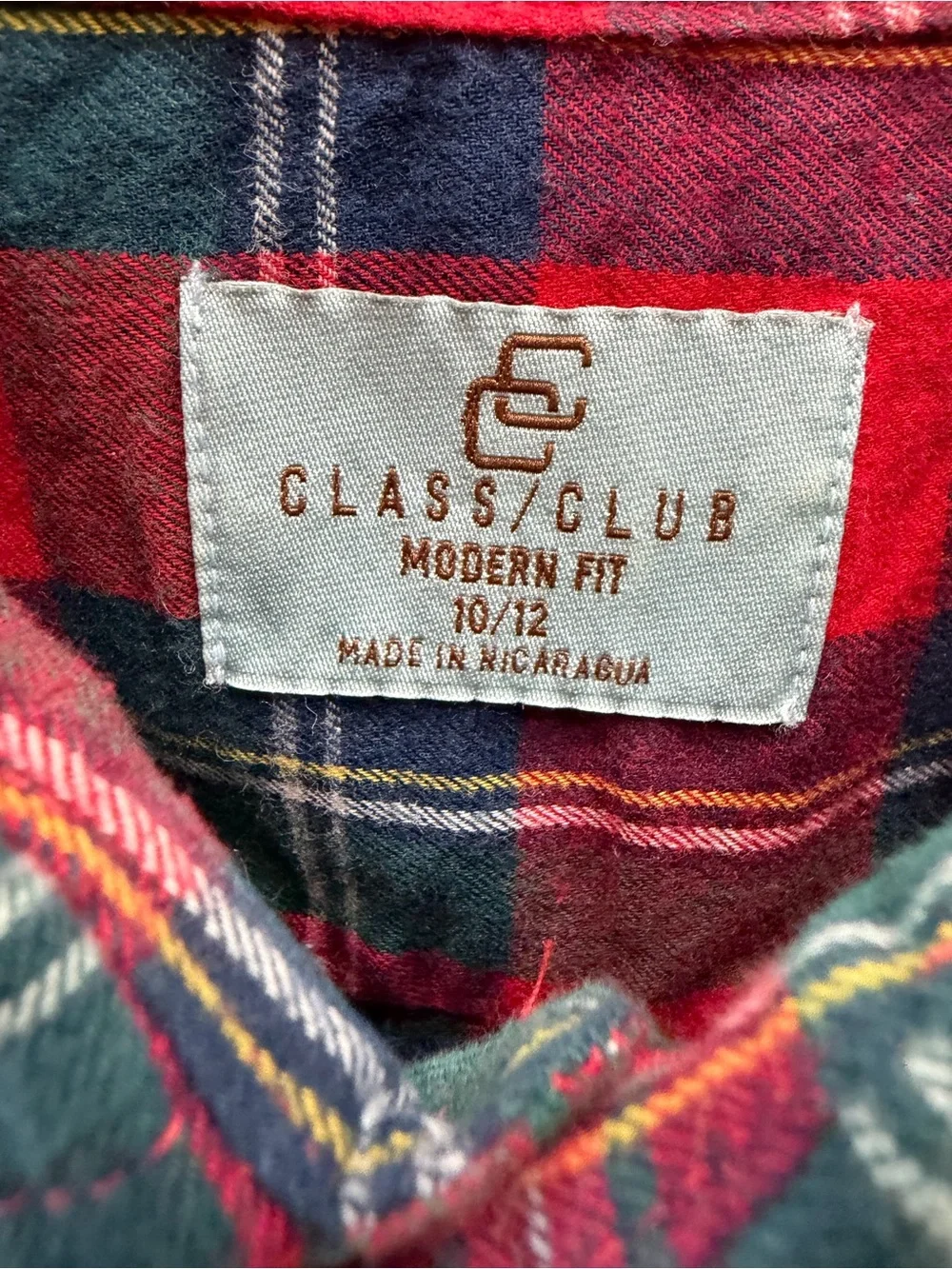 Class Club Boys Red Green Plaid Flannel Shirt Size 10/12 Christmas Holiday